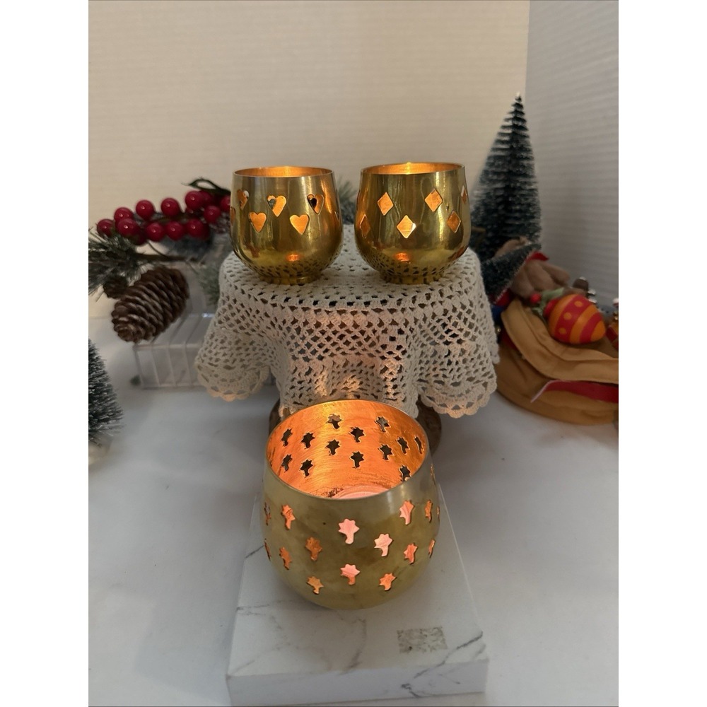 3 Brass Votive Candle Holders Made In India. Heart&Diamond 2.75"Trees 3"
